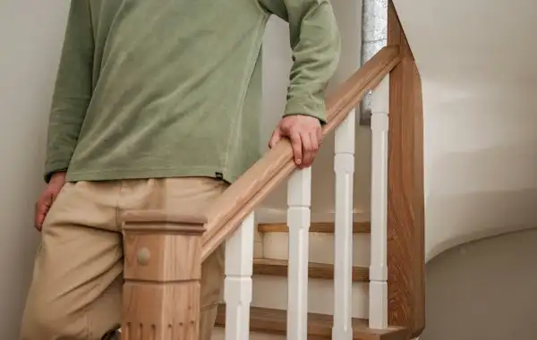 A man walking down stairs holding the handrail
